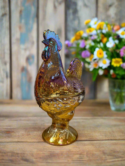 Amber Glass Rooster Dish on Pedestal | Vintage Home Decor, Kitchen Centerpiece & Collectible Art