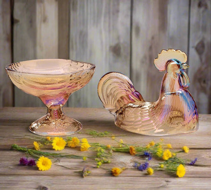 Amber Glass Rooster Dish on Pedestal | Vintage Home Decor, Kitchen Centerpiece & Collectible Art
