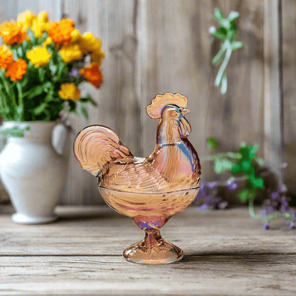 Amber Glass Rooster Dish on Pedestal | Vintage Home Decor, Kitchen Centerpiece & Collectible Art