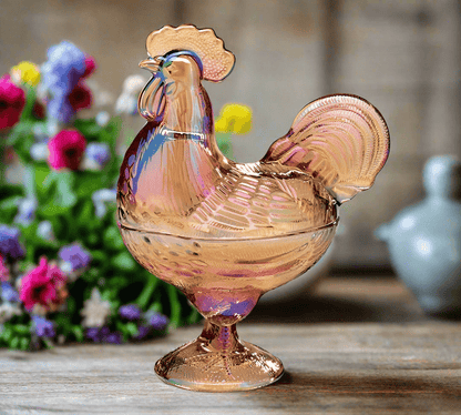 Amber Glass Rooster Dish on Pedestal | Vintage Home Decor, Kitchen Centerpiece & Collectible Art