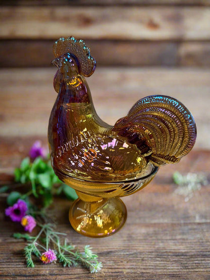 Amber Glass Rooster Dish on Pedestal | Vintage Home Decor, Kitchen Centerpiece & Collectible Art