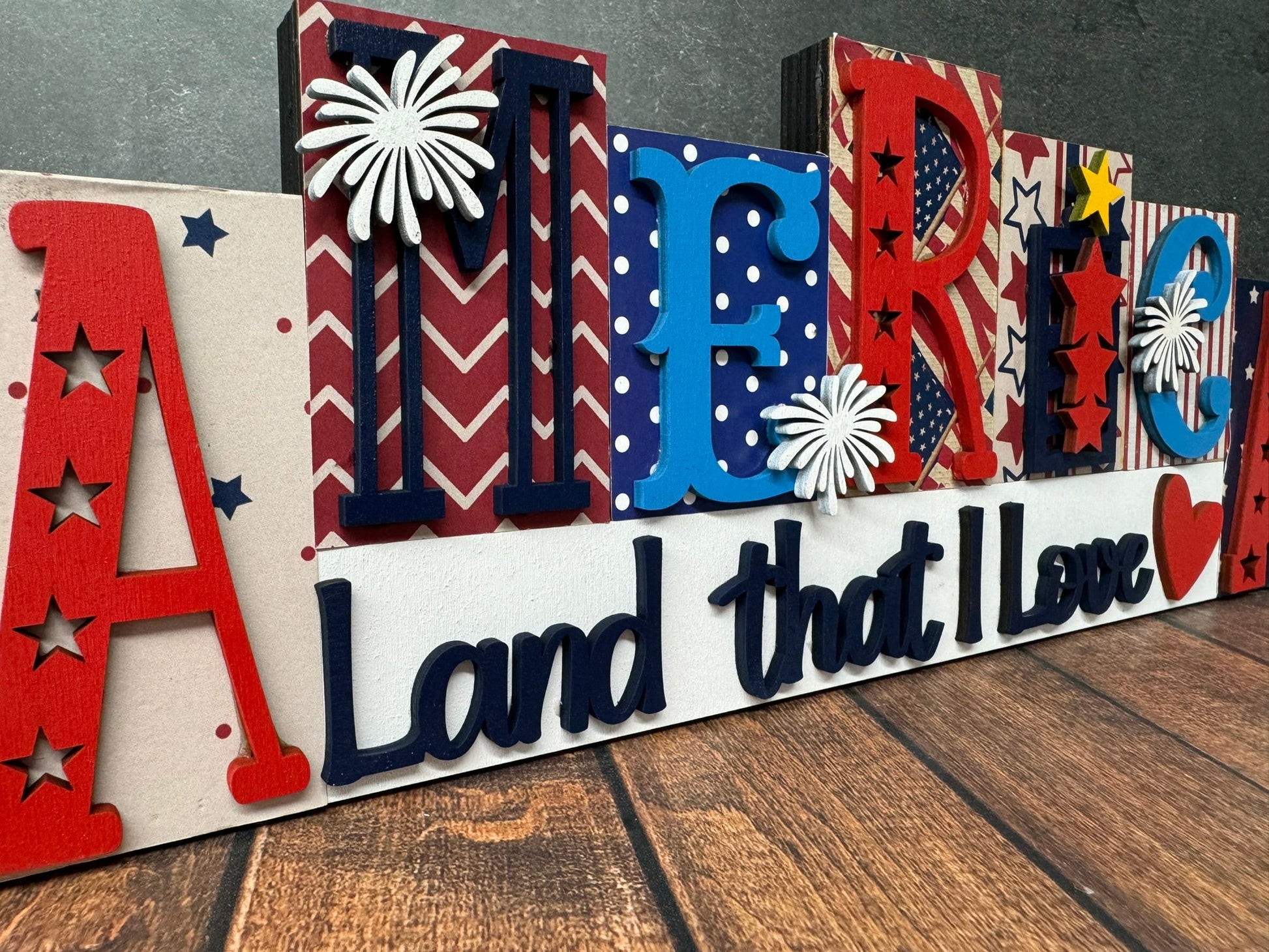 America Land That I Love Word Block Patriotic Shelf Sitter