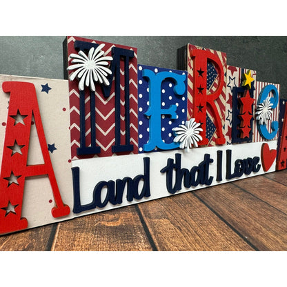 America Land That I Love Word Block Patriotic Shelf Sitter