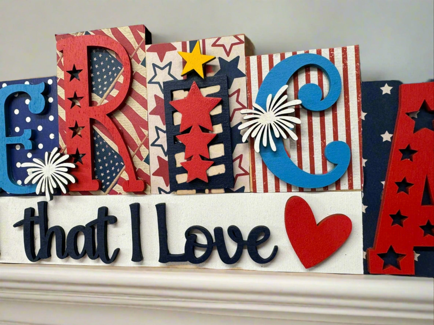 America Land That I Love Word Block Patriotic Shelf Sitter