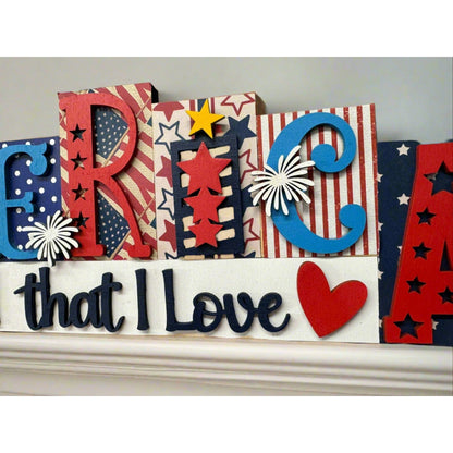 America Land That I Love Word Block Patriotic Shelf Sitter
