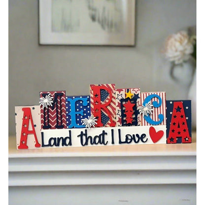 America Land That I Love Word Block Patriotic Shelf Sitter