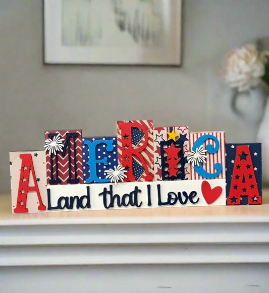 America Land That I Love Word Block Patriotic Shelf Sitter