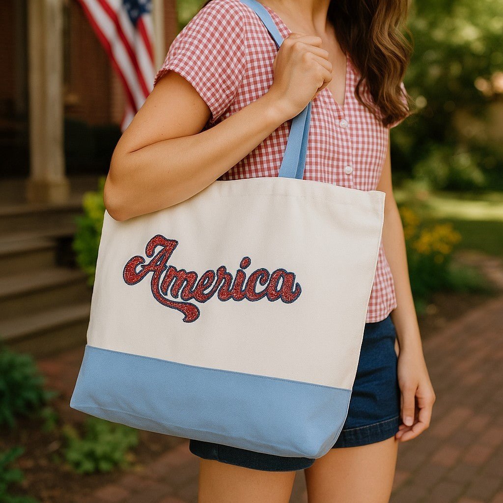 America Sequin Canvas Tote Bag, Sparkling Patriotic Shopper for Everyday Use, Fun 4th of July Gift - Nifty Decor & More