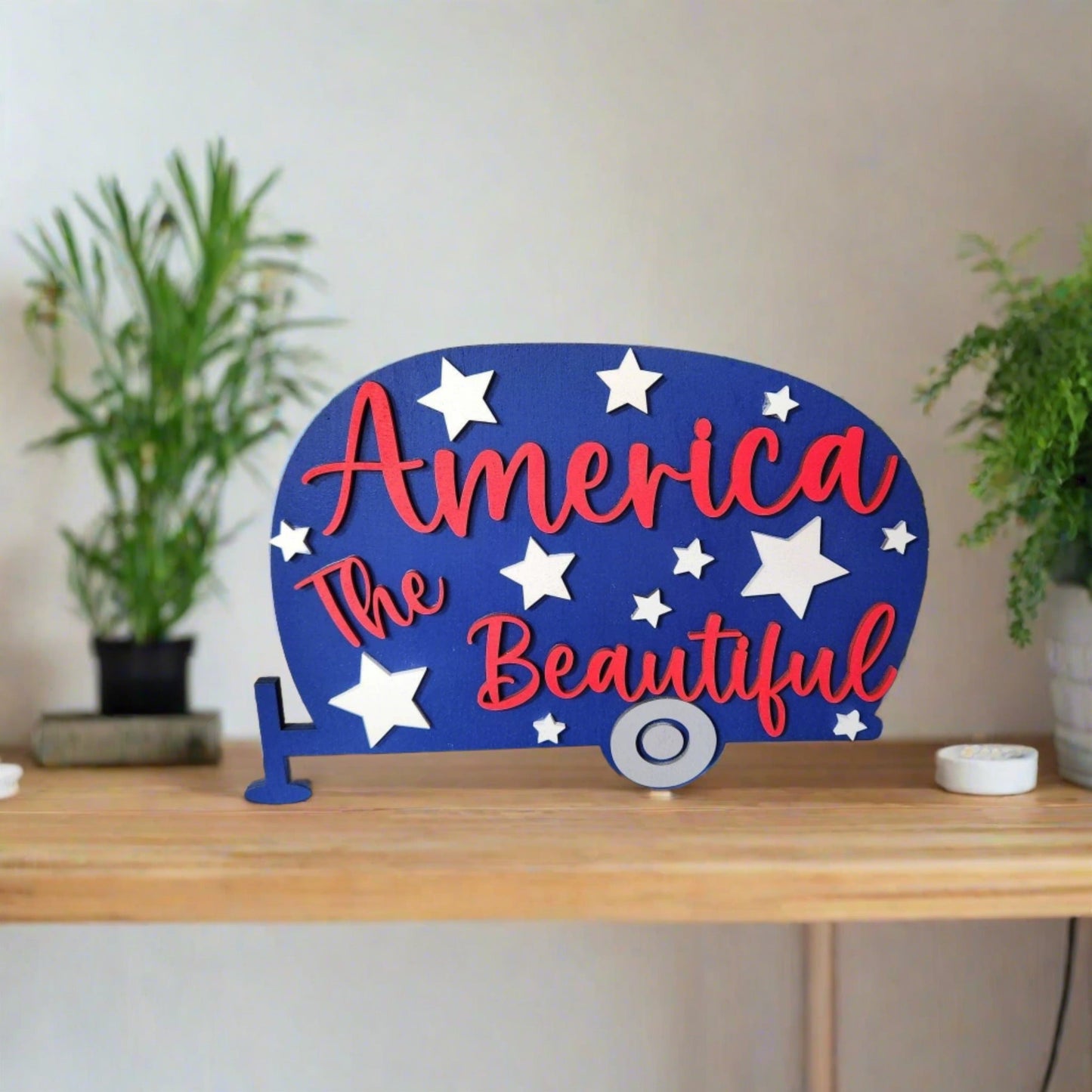 America The Beautiful Vintage Camper – Patriotic Layered Wood Table Decor - Nifty Decor & More