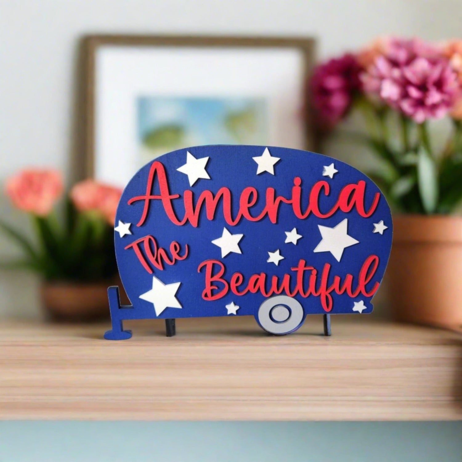 America The Beautiful Vintage Camper – Patriotic Layered Wood Table Decor - Nifty Decor & More