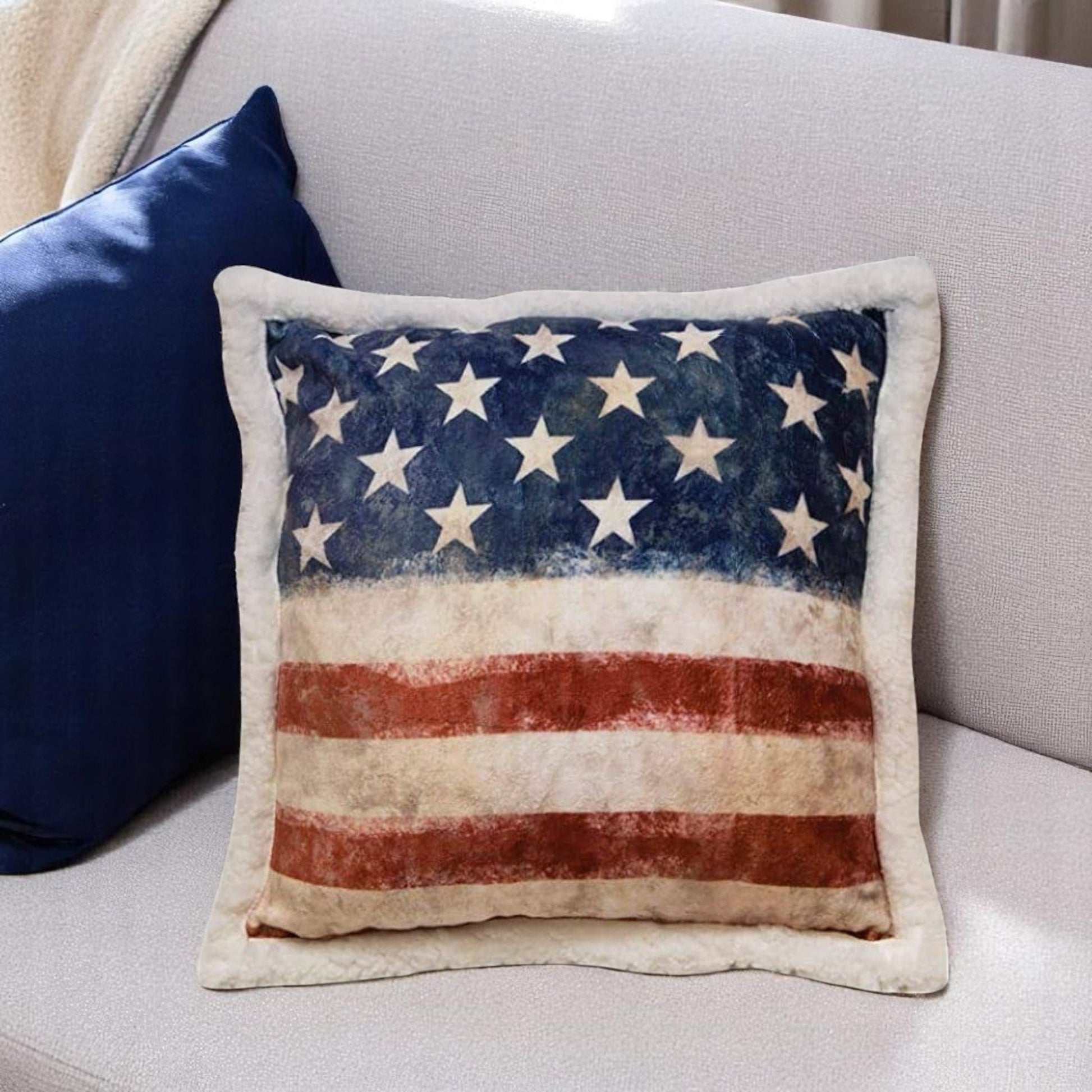 American Flag Sherpa Accent Pillow by Wrangler – Cozy Patriotic Home Decor Cushion for Sofa & Bed - Nifty Decor & More