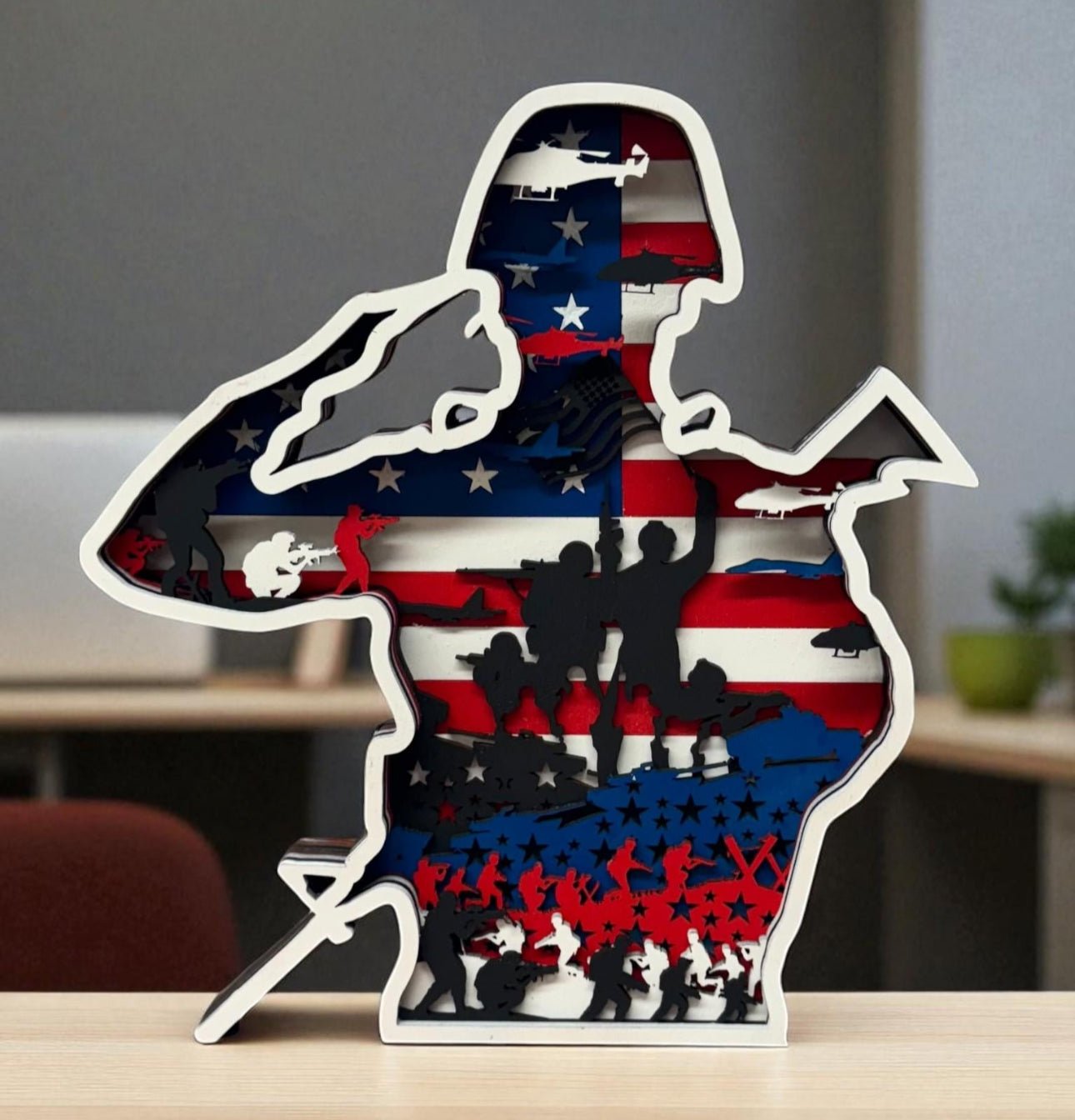 American Veteran Multilayered Wooden Art Piece Veteran with Rifle