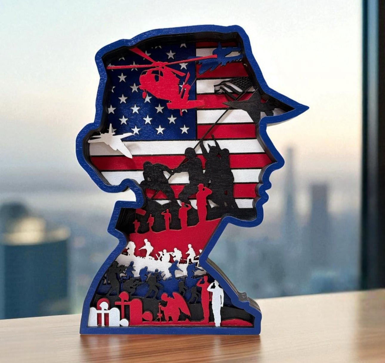 American Veteran Multilayered Wooden Art Piece Woman Veteran Bust