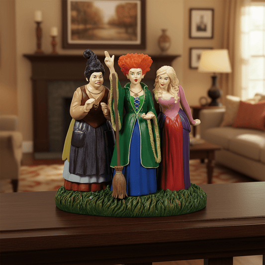 Statue of three witches on a table in a living room setting