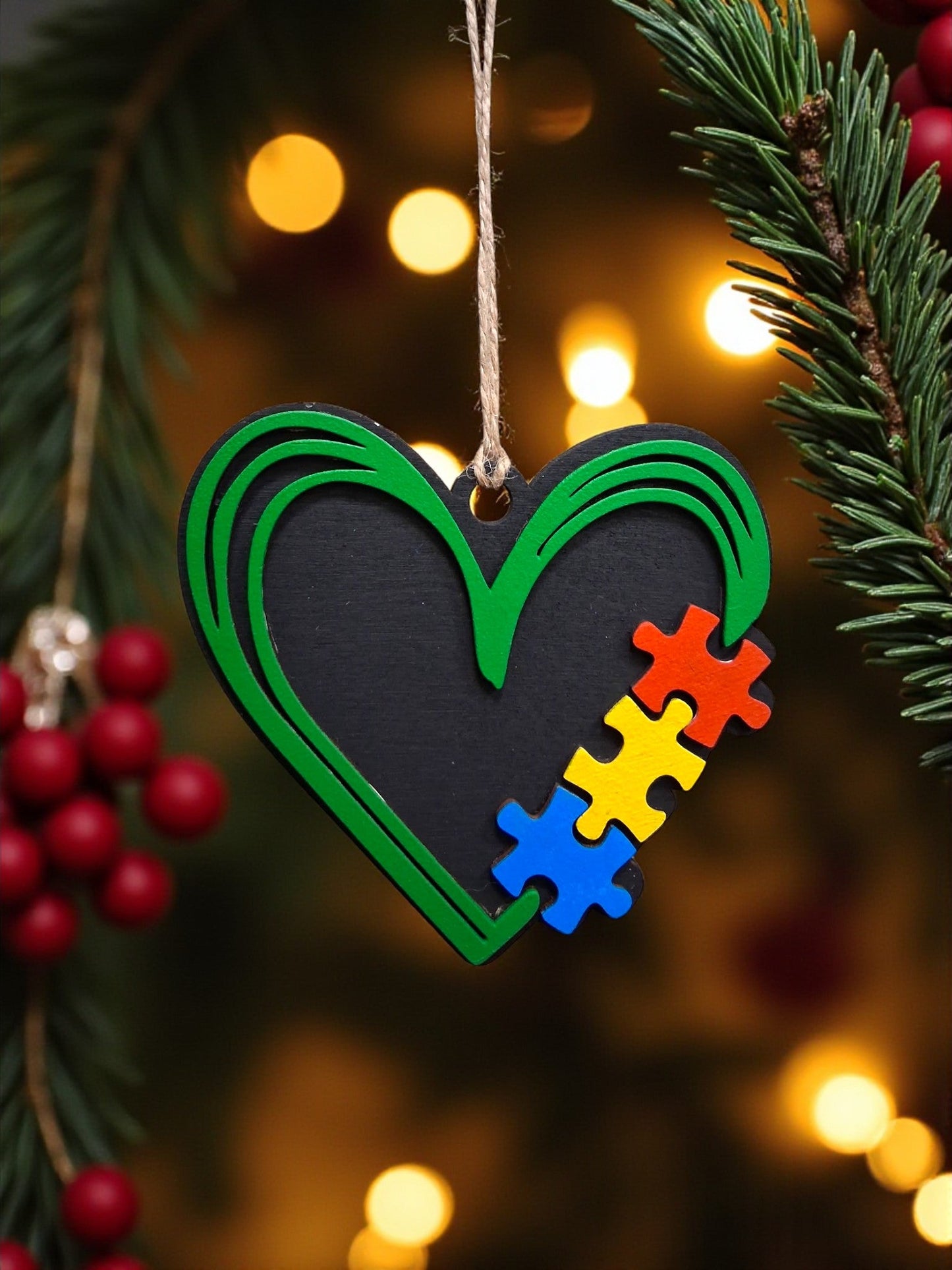 Autism Awareness Ornaments Green/Black Heart