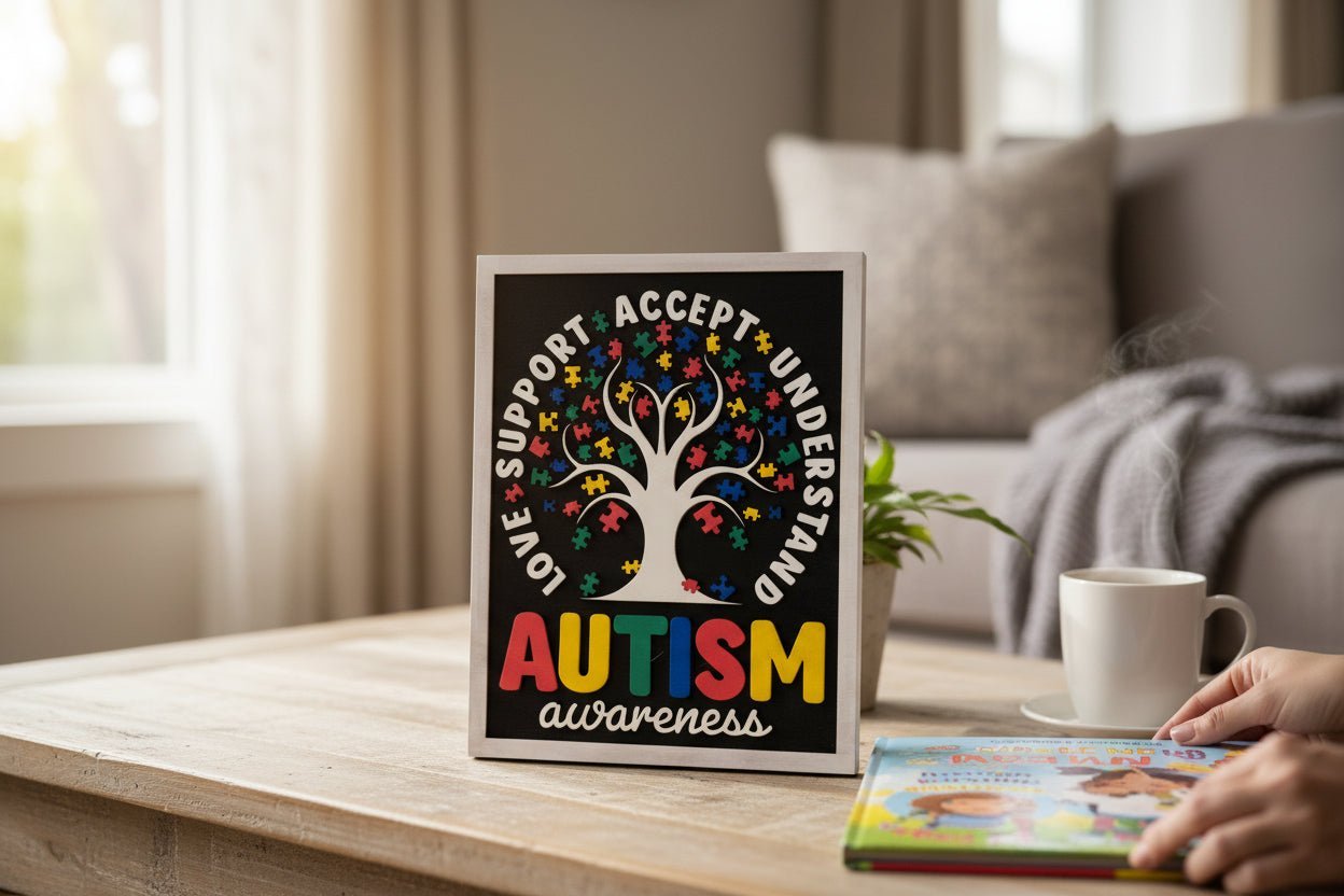 Autism Awareness Wood Sign, Love Support Accept Understand Decor, Puzzle Piece Tree Sign, Special Needs Classroom Decor, Autism Family Gift - Nifty Decor & More
