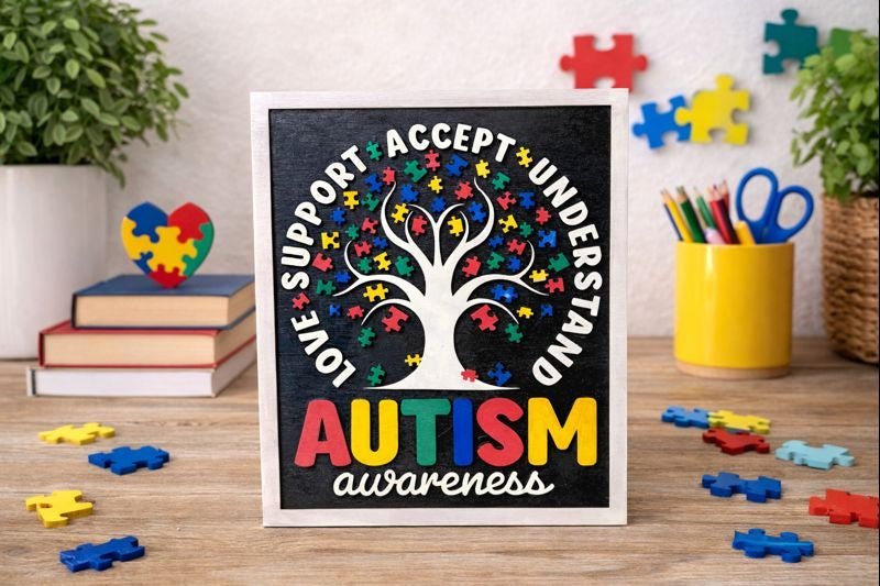 Autism Awareness Wood Sign, Love Support Accept Understand Decor, Puzzle Piece Tree Sign, Special Needs Classroom Decor, Autism Family Gift - Nifty Decor & More
