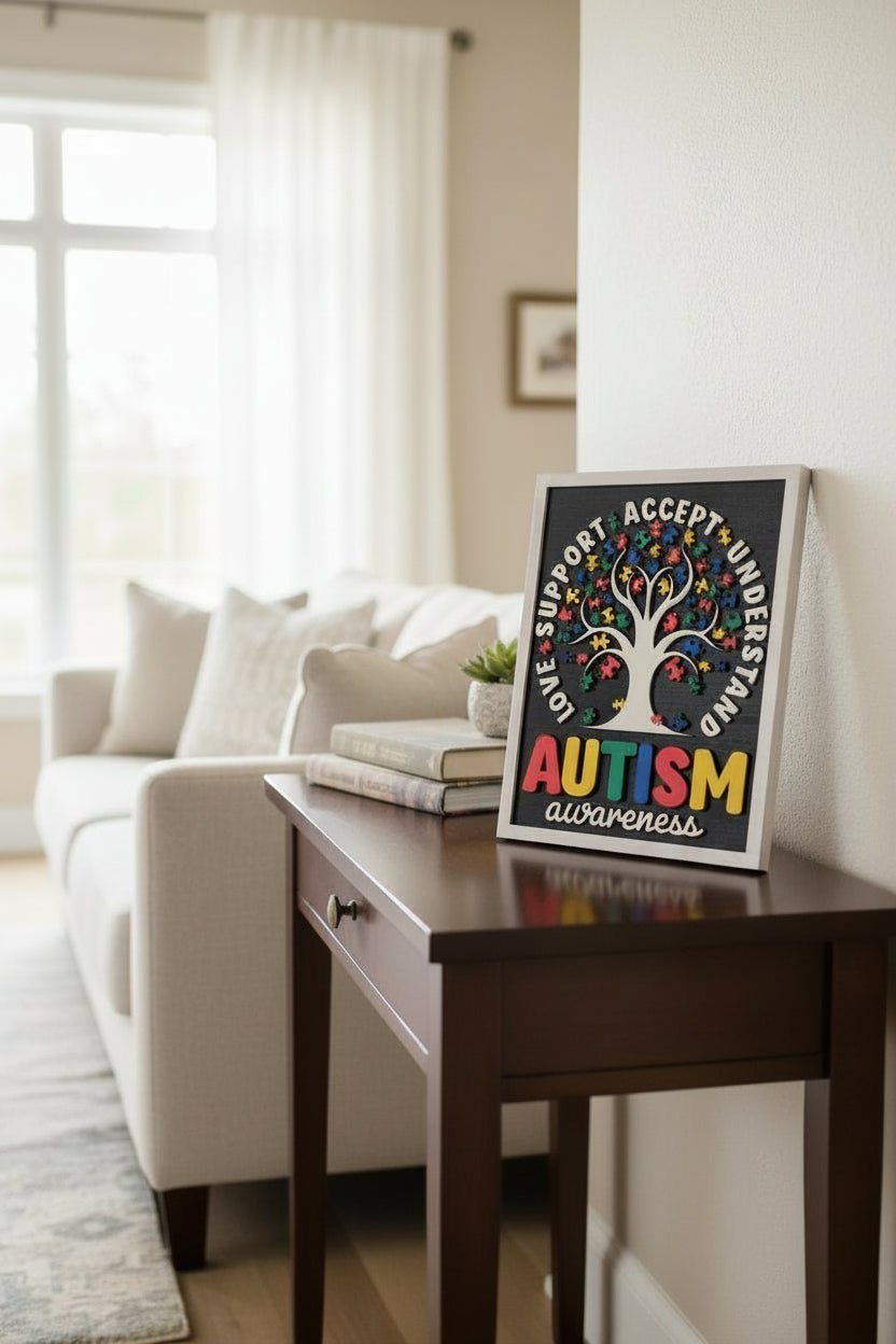 Autism Awareness Wood Sign, Love Support Accept Understand Decor, Puzzle Piece Tree Sign, Special Needs Classroom Decor, Autism Family Gift - Nifty Decor & More