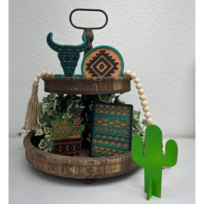 Aztec Tierd Tray Décor Tiered Tray Teal/Black