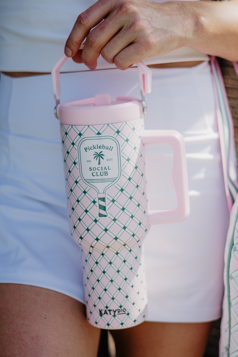 Pickleball Tumbler 38oz, Stylish Pink Green Plaid Insulated Drinkware for On-the-Go, Sporty Gift Idea Tumbler