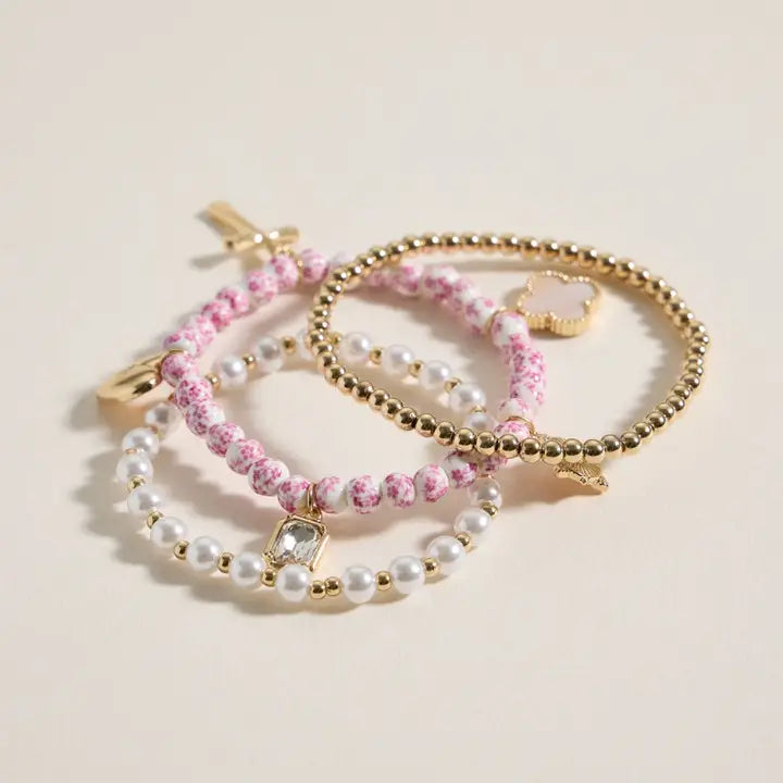 Floral Charm Stretch Bracelet Set