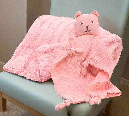 Baby Bear Towel And Blanket Set for Nursery, Soft and Cozy Gift, Adorable Baby Shower Present, Infant Bath & Sleep Essentials Baby Blanket Pink