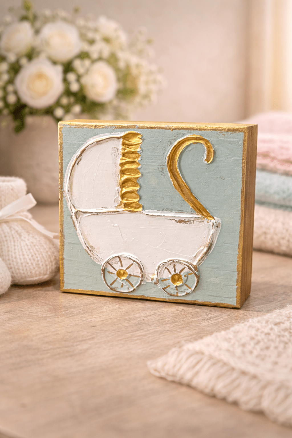 Baby Carriage Handmade Textured Wood Block - Nifty Decor & More