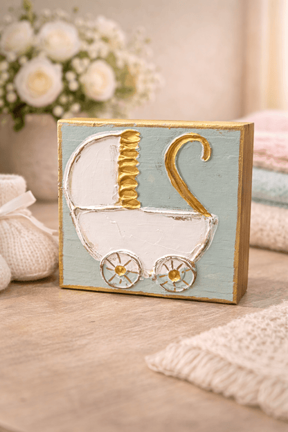 Baby Carriage Handmade Textured Wood Block - Nifty Decor & More