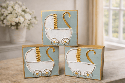 Baby Carriage Handmade Textured Wood Block - Nifty Decor & More