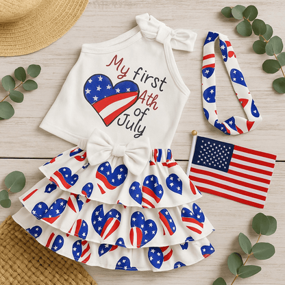 Baby Girl Independence Day Outfit Set, 2pcs Patriotic Tank Top & Bow Skirt, 4th of July Party Wear, Cute Holiday Toddler Gift Baby Clothes