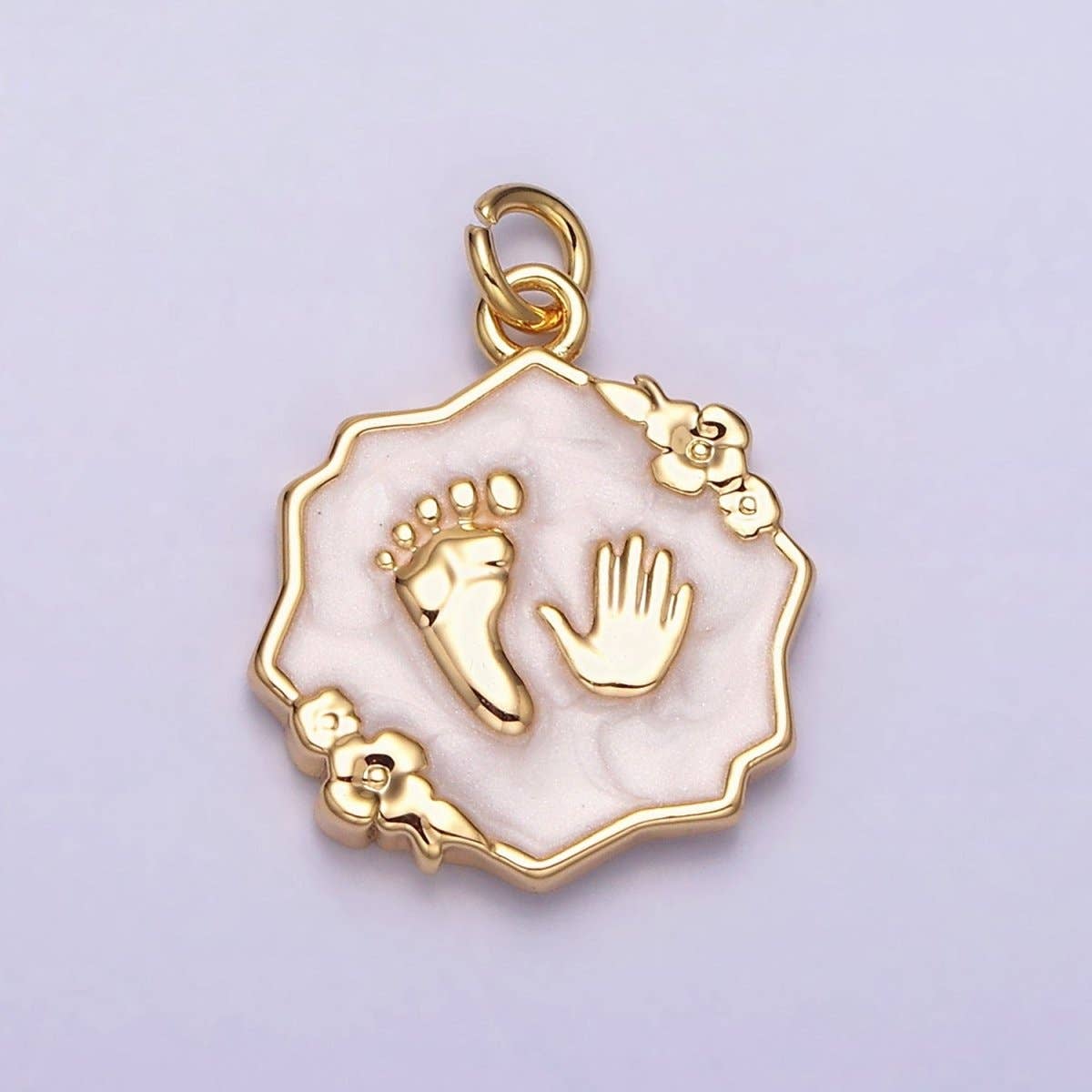 Baby Hand & Feet Charm White, Pink, Shower, Blue Sparkly Enamel Flower 16K Gold Filled - Nifty Decor & More