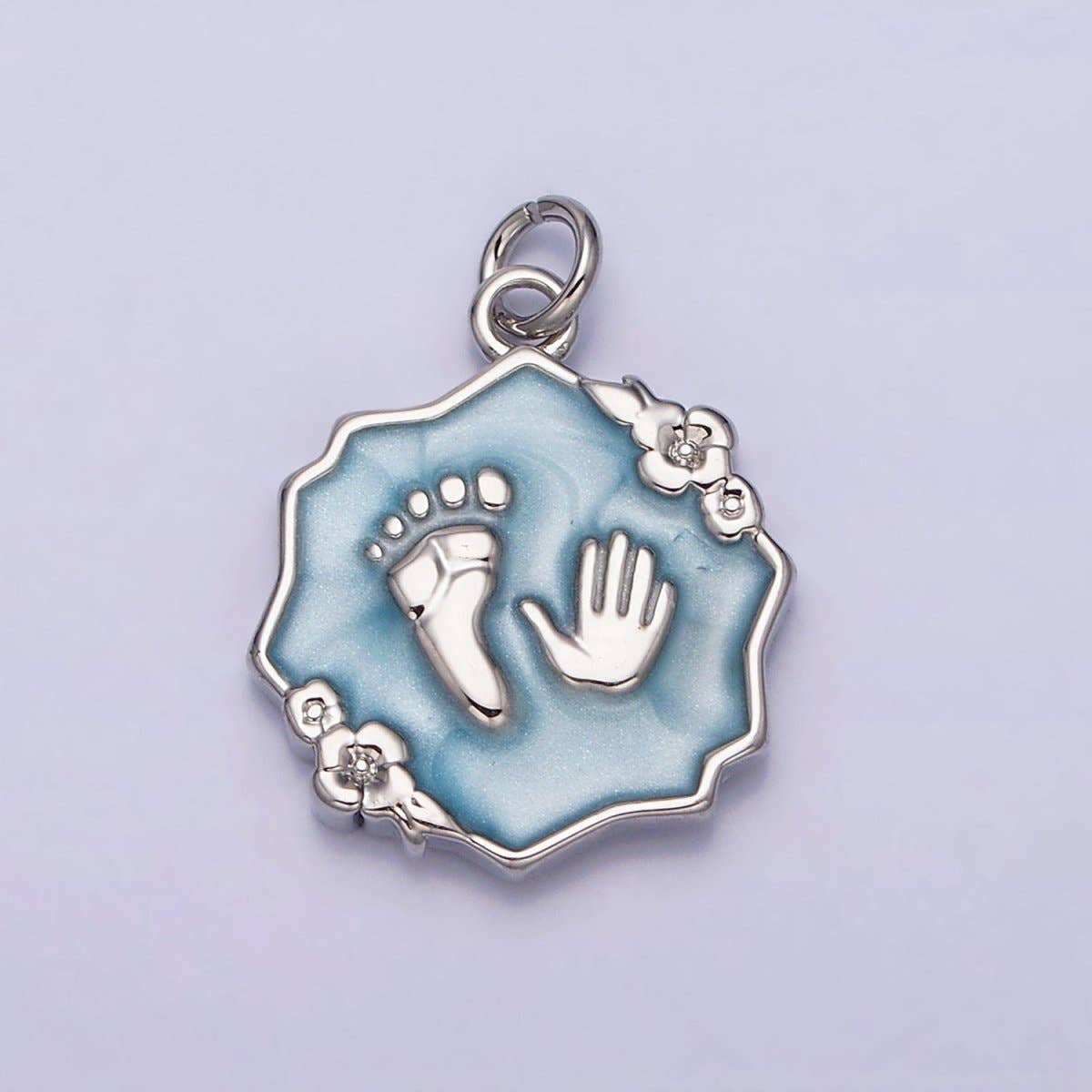 Baby Hand & Feet Charm White, Pink, Shower, Blue Sparkly Enamel Flower 16K Gold Filled - Nifty Decor & More