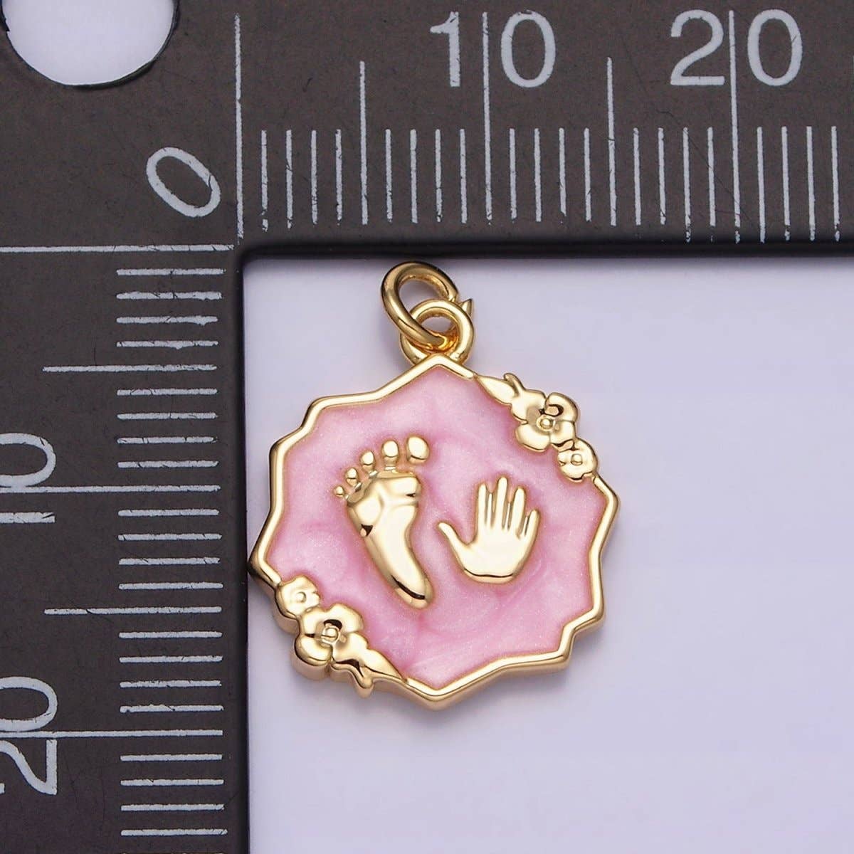 Baby Hand & Feet Charm White, Pink, Shower, Blue Sparkly Enamel Flower 16K Gold Filled - Nifty Decor & More