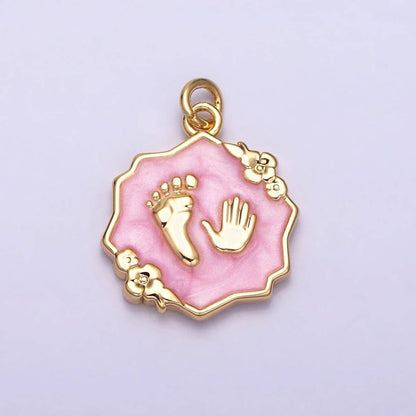 Baby Hand & Feet Charm White, Pink, Shower, Blue Sparkly Enamel Flower 16K Gold Filled Pink