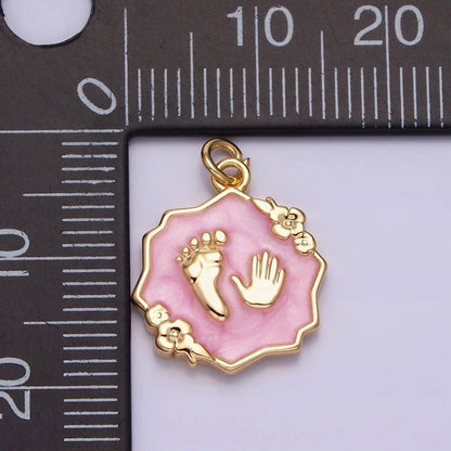 Baby Hand & Feet Charm White, Pink, Shower, Blue Sparkly Enamel Flower 16K Gold Filled