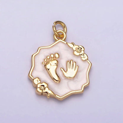 Baby Hand & Feet Charm White, Pink, Shower, Blue Sparkly Enamel Flower 16K Gold Filled White