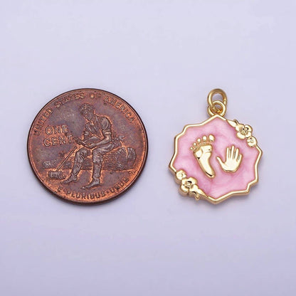 Baby Hand & Feet Charm White, Pink, Shower, Blue Sparkly Enamel Flower 16K Gold Filled