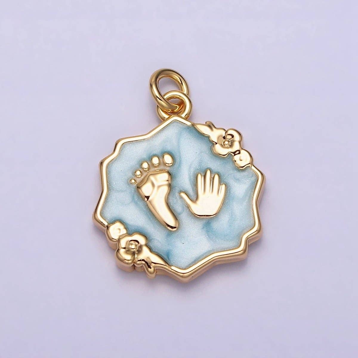 Baby Hand & Feet Charm White, Pink, Shower, Blue Sparkly Enamel Flower 16K Gold Filled - Nifty Decor & More