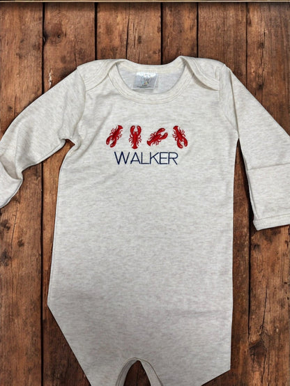 Baby Name Lobster Design Romper/Onsie Personalized , Soft Oatmeal Heather Navy Onsie, Newborn Gift Idea - Nifty Decor & More