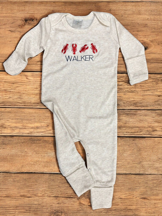 Baby Name Lobster Design Romper/Onsie Personalized , Soft Oatmeal Heather Navy Onsie, Newborn Gift Idea Baby Clothes Long Sleeve Romper NB Oatmeal