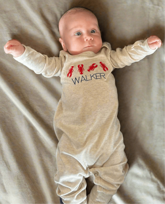 Baby Name Lobster Design Romper/Onsie Personalized , Soft Oatmeal Heather Navy Onsie, Newborn Gift Idea Baby Clothes