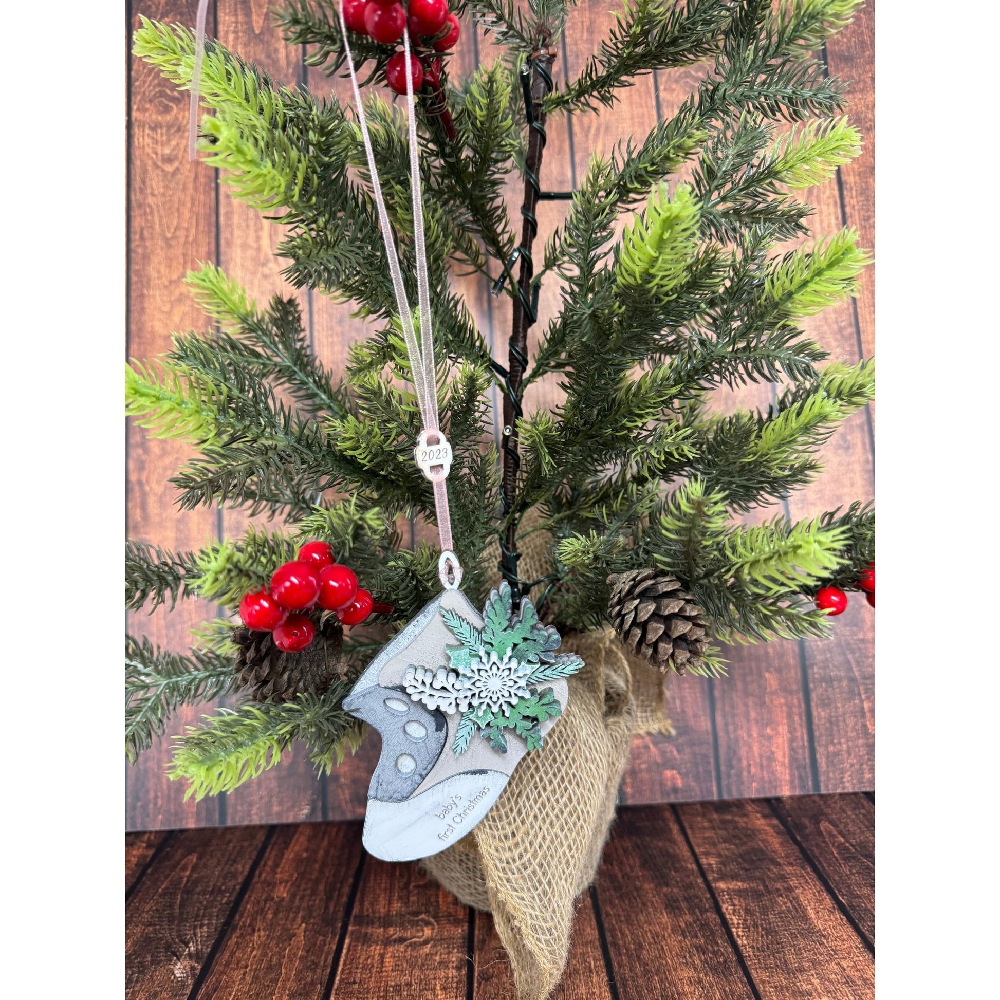 Baby’s First Christmas Ornament – Personalized Wooden Baby Bootie Keepsake with Snowflake Decoration Christmas Ornament