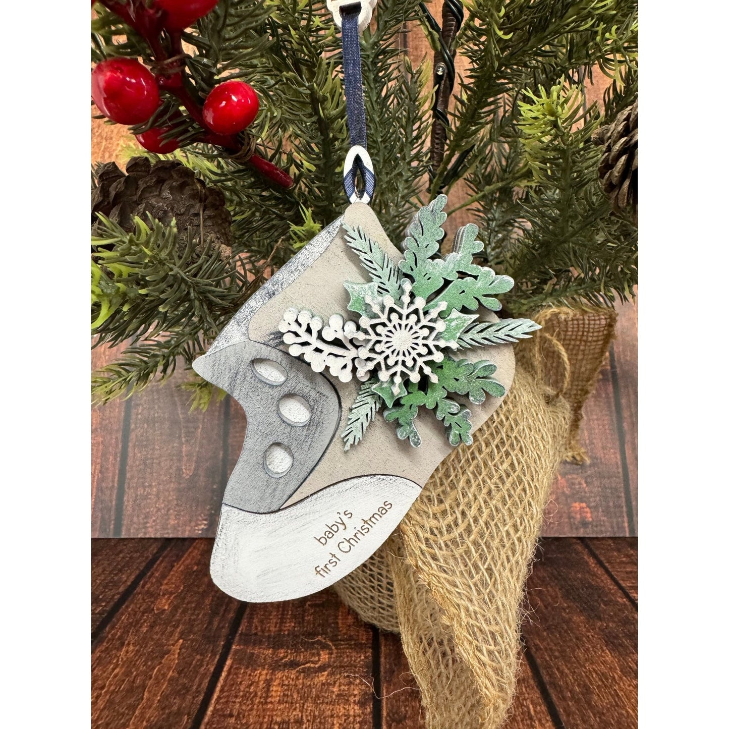 Baby’s First Christmas Ornament – Personalized Wooden Baby Bootie Keepsake with Snowflake Decoration Christmas Ornament Boy