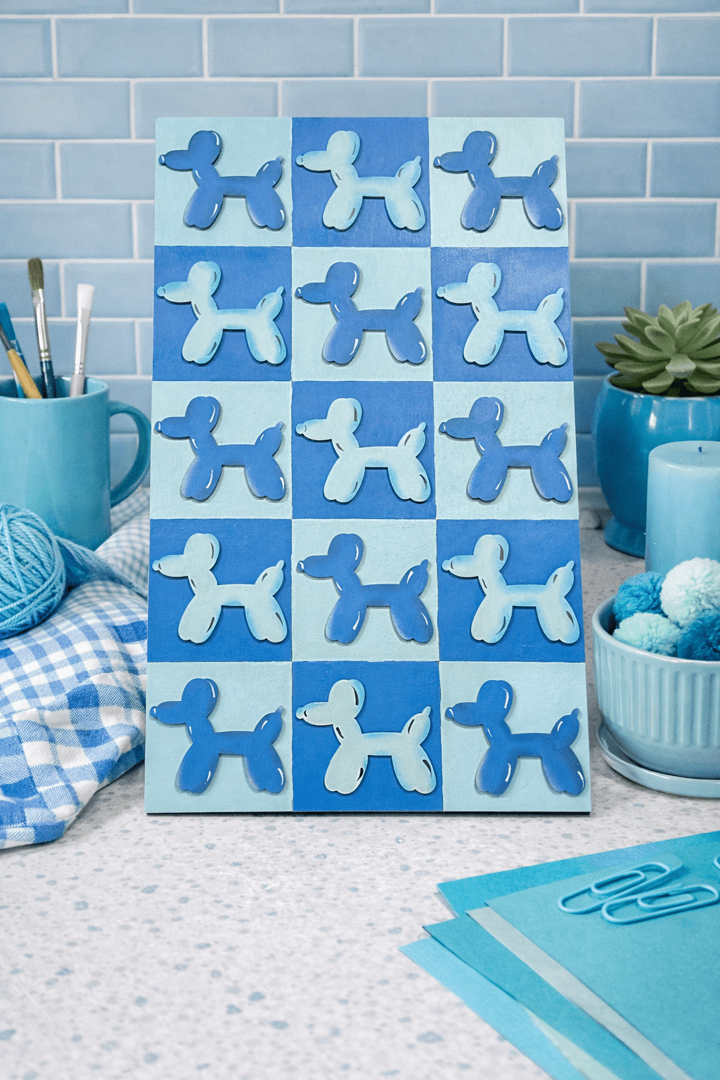 Balloon Dog Wall Art – Retro Checkered Pop Art Decor – Blue or Pink 3D Dog Wall Hanging – Kids, Teen & Dorm Room Aesthetic - Nifty Decor & More