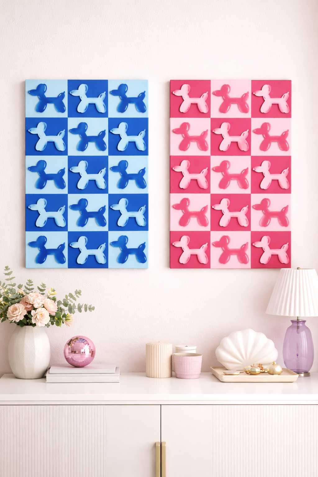 Balloon Dog Wall Art – Retro Checkered Pop Art Decor – Blue or Pink 3D Dog Wall Hanging – Kids, Teen & Dorm Room Aesthetic - Nifty Decor & More
