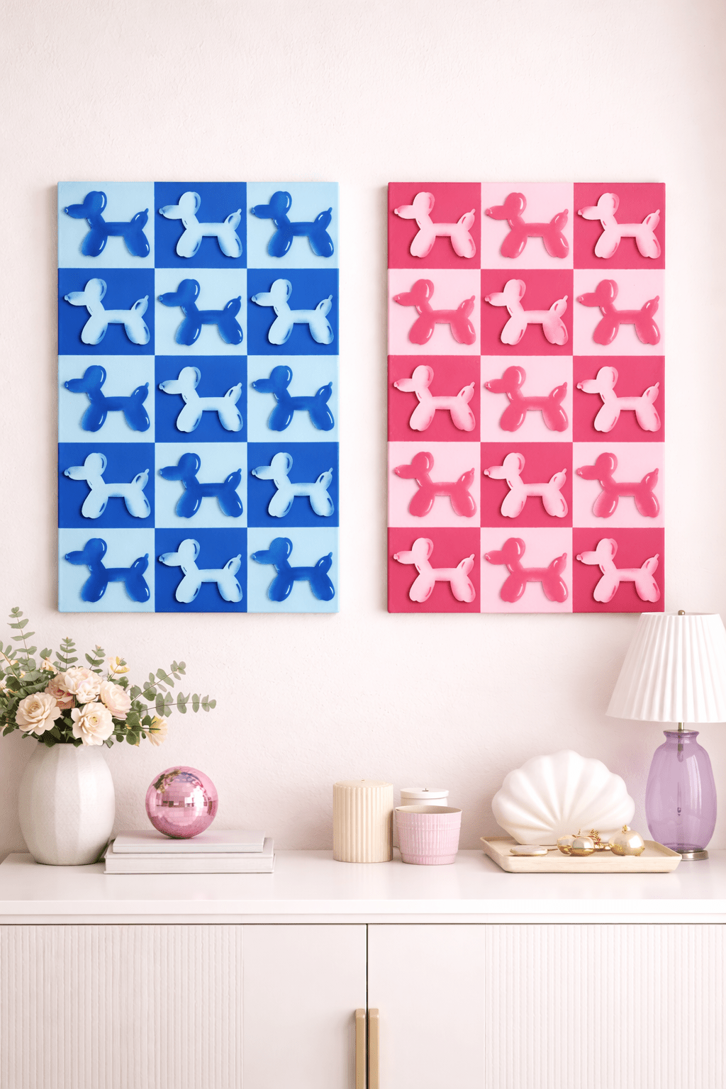 Balloon Dog Wall Art – Retro Checkered Pop Art Decor – Blue or Pink 3D Dog Wall Hanging – Kids, Teen & Dorm Room Aesthetic - Nifty Decor & More