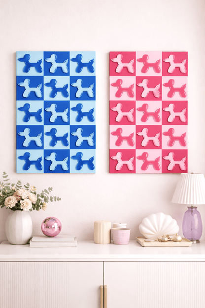 Balloon Dog Wall Art – Retro Checkered Pop Art Decor – Blue or Pink 3D Dog Wall Hanging – Kids, Teen & Dorm Room Aesthetic - Nifty Decor & More