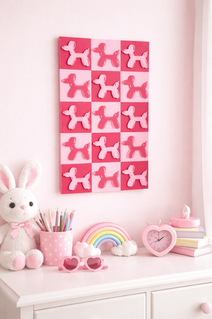 Balloon Dog Wall Art – Retro Checkered Pop Art Decor – Blue or Pink 3D Dog Wall Hanging – Kids, Teen & Dorm Room Aesthetic - Nifty Decor & More