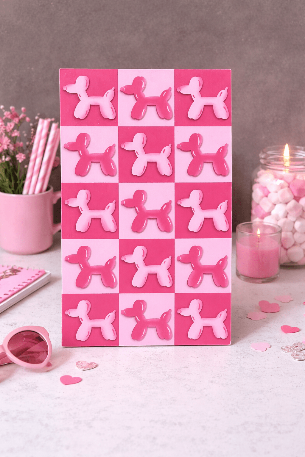 Balloon Dog Wall Art – Retro Checkered Pop Art Decor – Blue or Pink 3D Dog Wall Hanging – Kids, Teen & Dorm Room Aesthetic - Nifty Decor & More