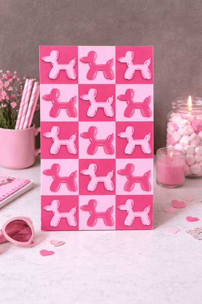 Balloon Dog Wall Art – Retro Checkered Pop Art Decor – Blue or Pink 3D Dog Wall Hanging – Kids, Teen & Dorm Room Aesthetic - Nifty Decor & More